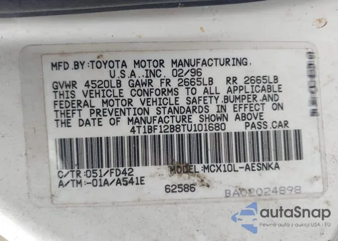 1996 Toyota Avalon Xl/Xls из США, поврежденный, VIN 4T1BF12B8TU101680